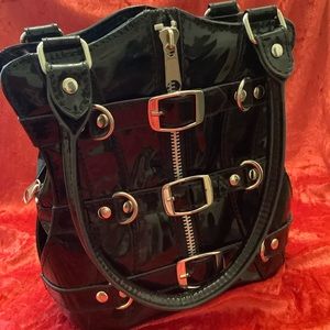 Demonia Corset Bag Purse Black PVC w/ Metal Stud/Buckle/Zipper Accent